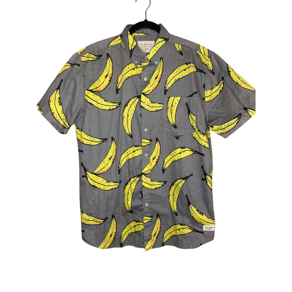 DUVIN Men's Large Gray Banana Print Short Sleeve Button Up‎ Shirt